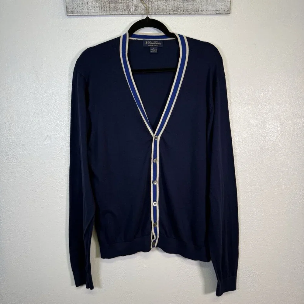 Brooks Brothers Button Up Color Block Cardigan Navy Blue Large Quiet Luxury